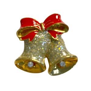 Vintage Avon Christmas Bell Brooch Goldtone Red Enamel & Rhinestones Festive Pin